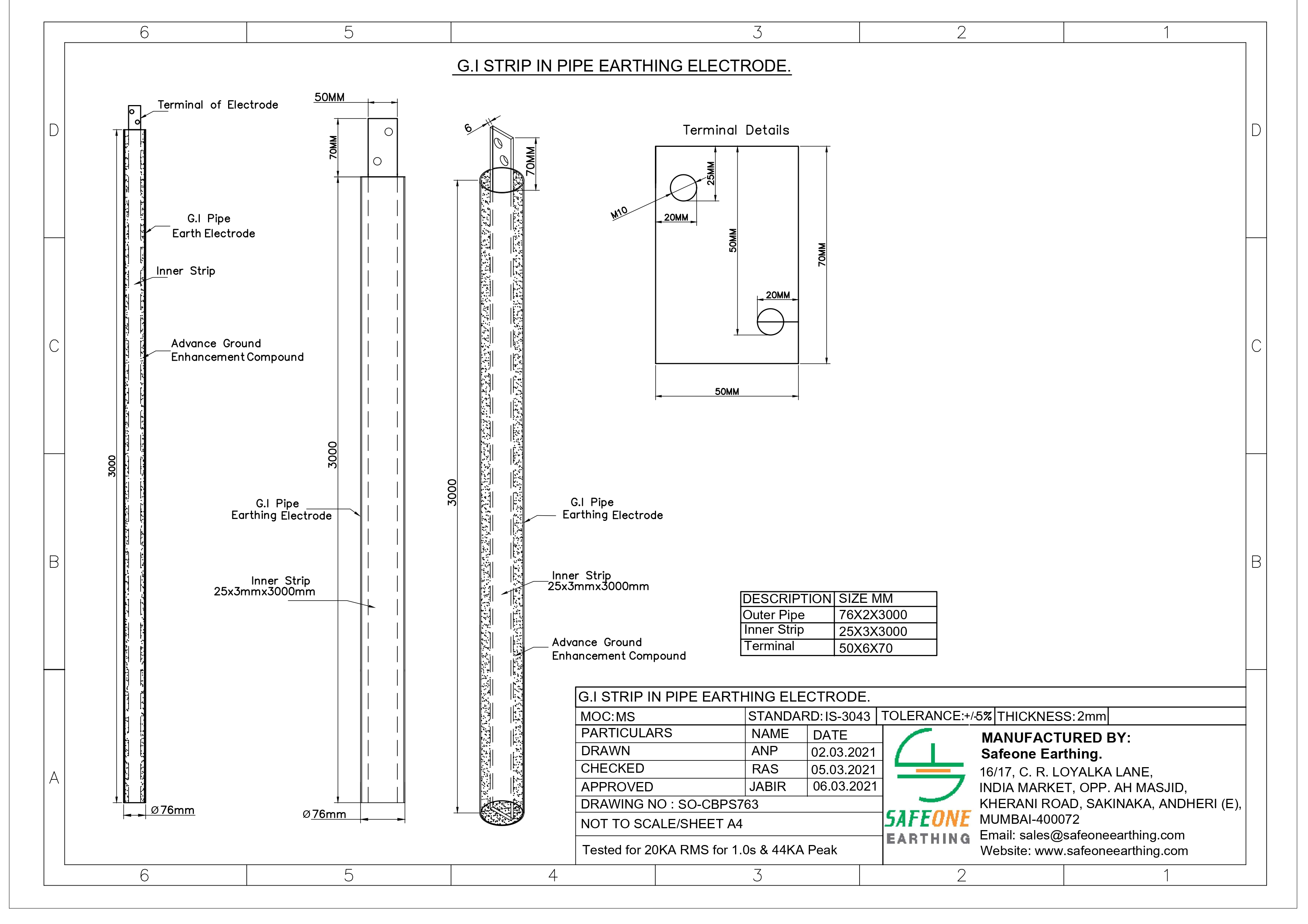 Chemical Earthing Diagram Drawings GI 76mm